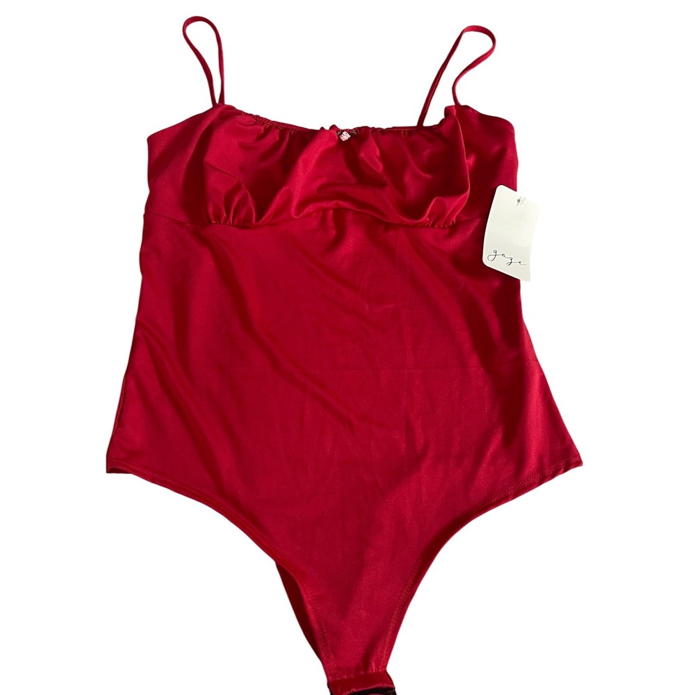 Gaze Red Gathered Bust Bodysuit Adjustable Straps T59299 Womens Large NEW